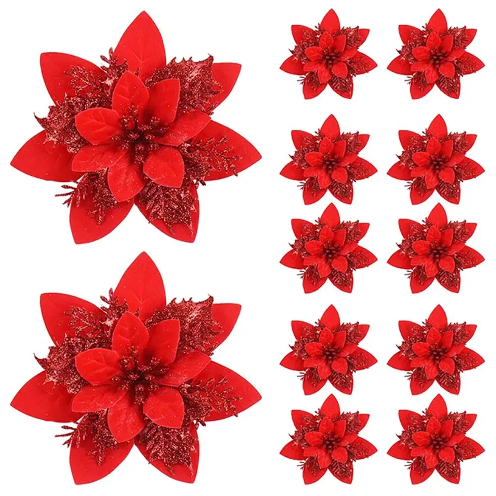5/10pcs 14.5cm Christmas Flower Ornaments,Pink,Red,Gold,Glitter Artifical