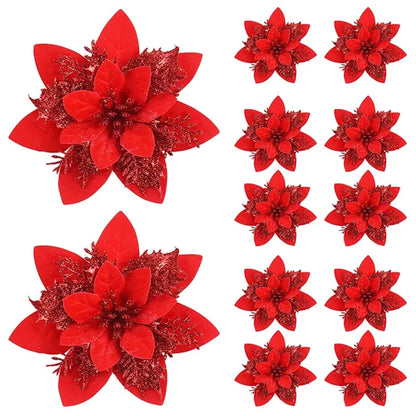 5/10pcs 14.5cm Christmas Flower Ornaments,Pink,Red,Gold,Glitter Artifical