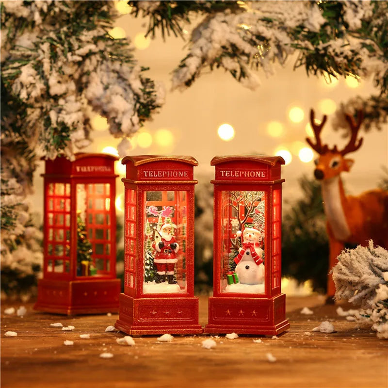 1Pc Christmas Light-Up Maroon Phone Booth With Santa Decorative Christmas