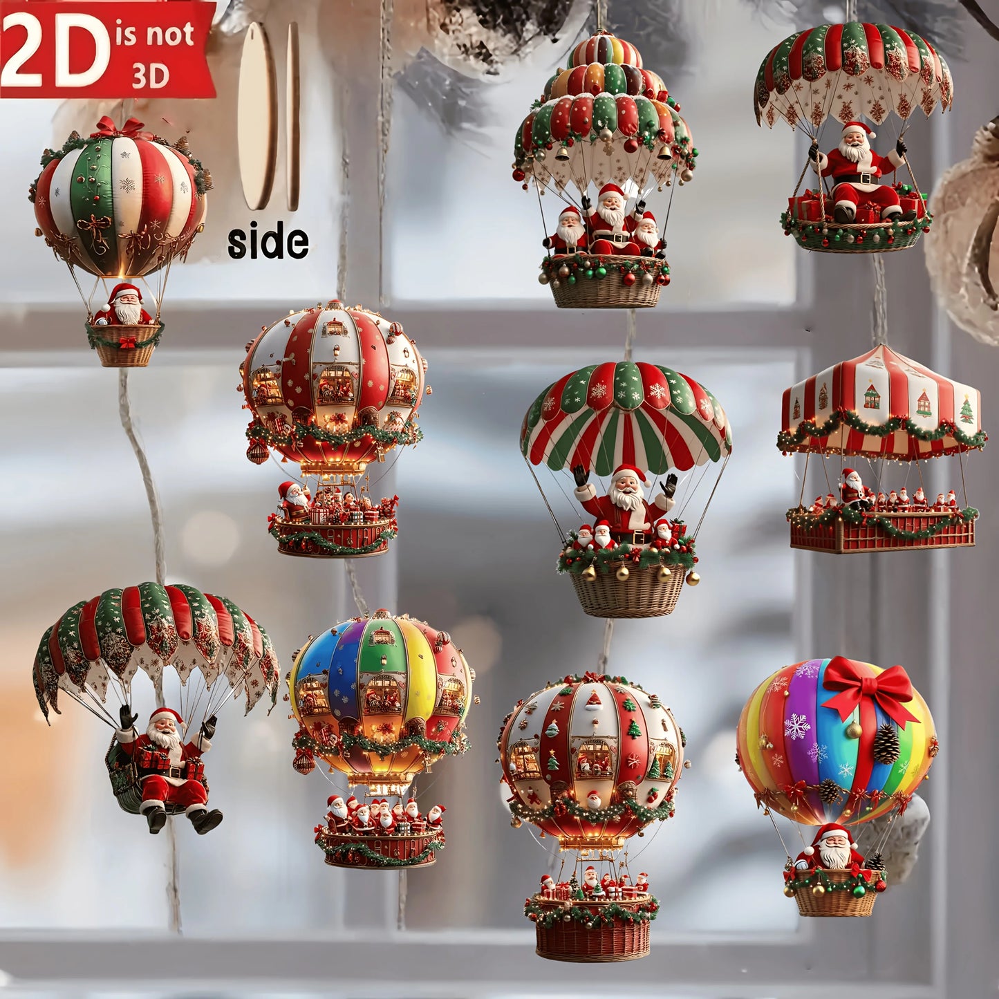 10Pcs Christmas Wooden Hot Air Balloon Santa Claus 2D Flat Wooden Pendant