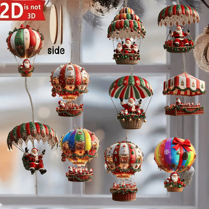 10Pcs Christmas Wooden Hot Air Balloon Santa Claus 2D Flat Wooden Pendant
