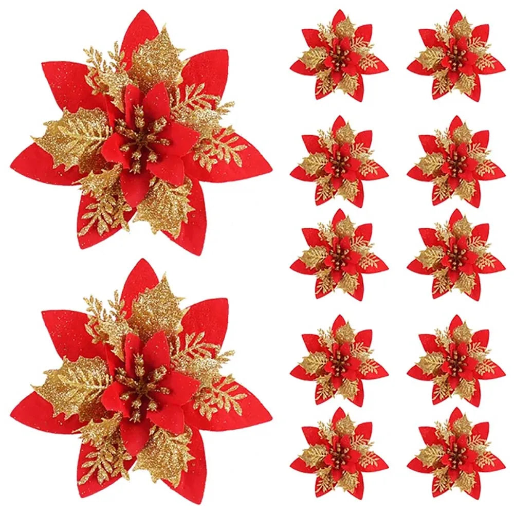 5/10pcs 14.5cm Christmas Flower Ornaments,Pink,Red,Gold,Glitter Artifical