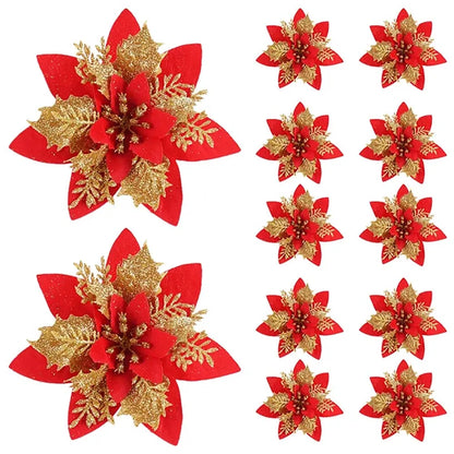 5/10pcs 14.5cm Christmas Flower Ornaments,Pink,Red,Gold,Glitter Artifical