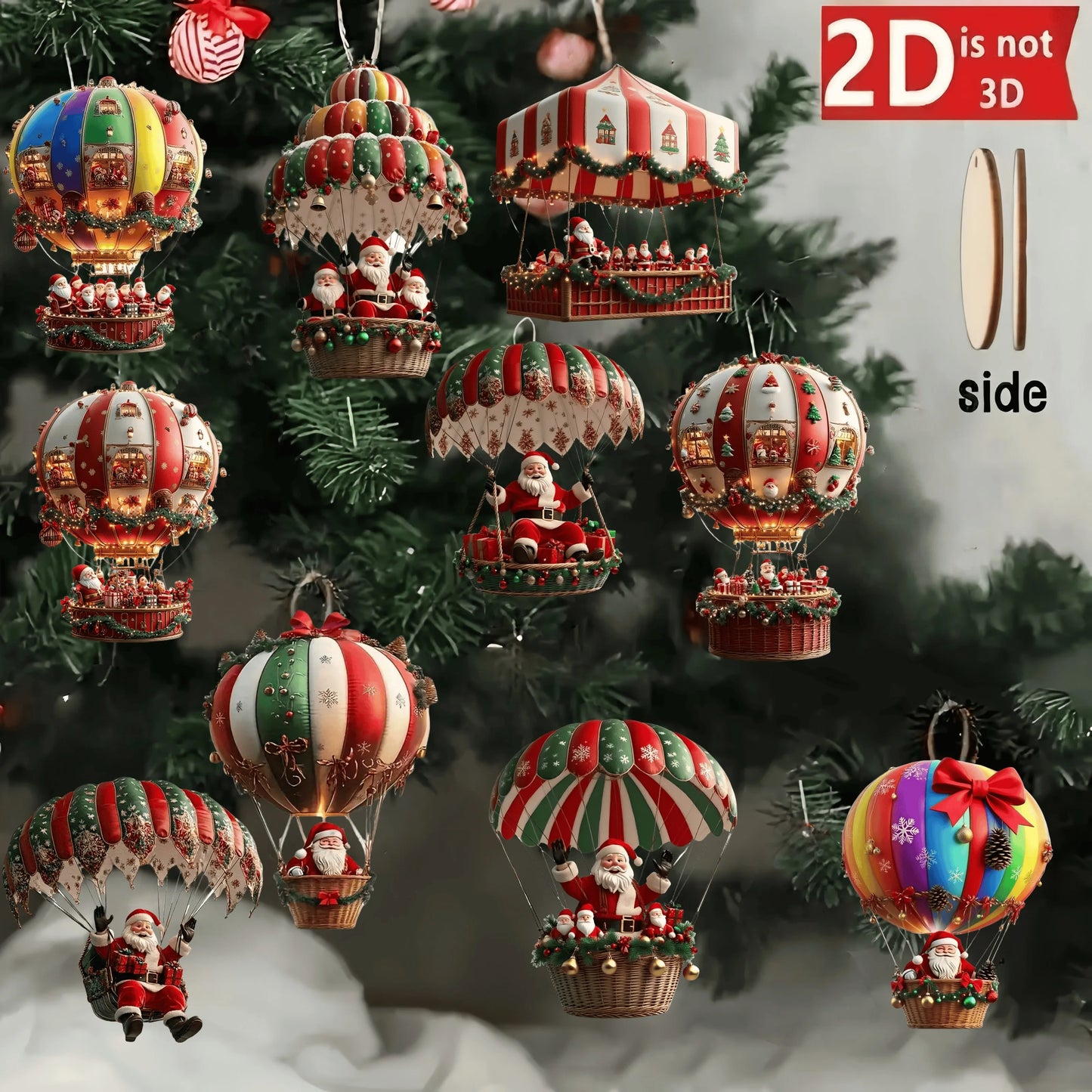 10Pcs Christmas Wooden Hot Air Balloon Santa Claus 2D Flat Wooden Pendant