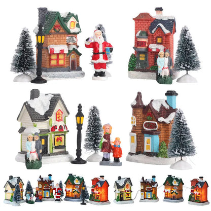 LED Resin Christmas Village Ornaments Set Figurines Decoration Santa Claus Pine