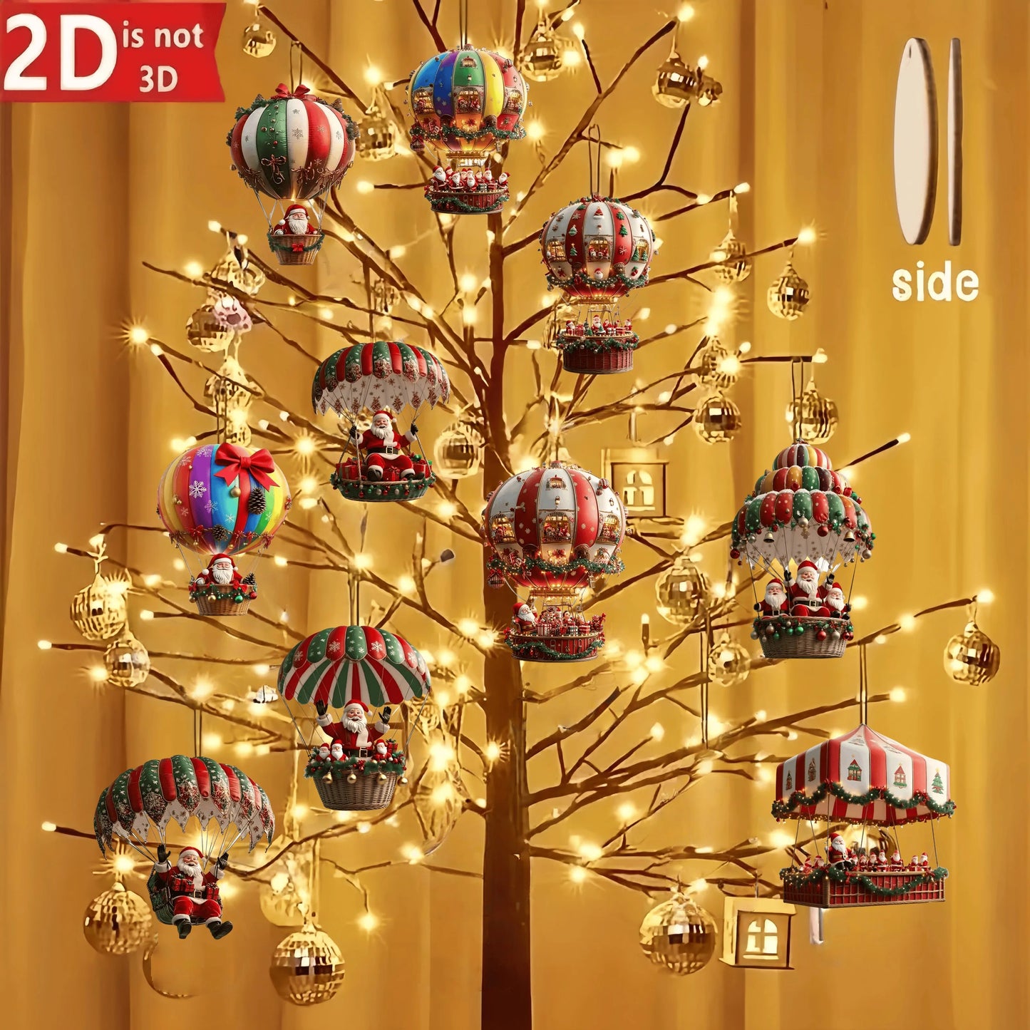 10Pcs Christmas Wooden Hot Air Balloon Santa Claus 2D Flat Wooden Pendant