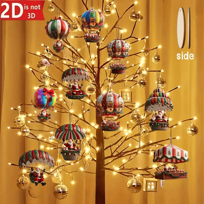 10Pcs Christmas Wooden Hot Air Balloon Santa Claus 2D Flat Wooden Pendant