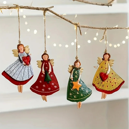 4PCS/Set Vintage Angel Hanging Decor Fantasy Wooden Xmas Tree Hanging