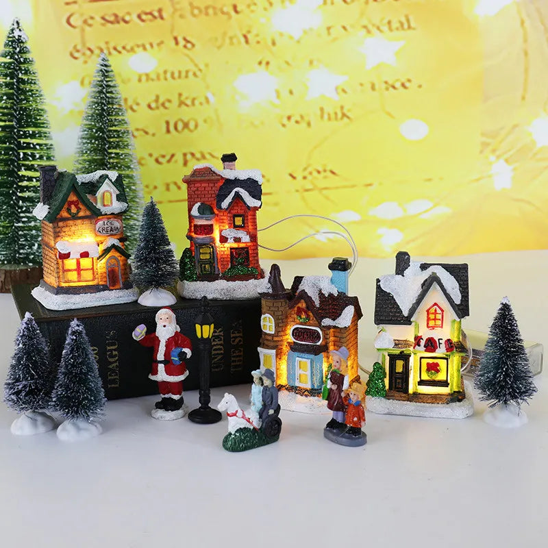 LED Resin Christmas Village Ornaments Set Figurines Decoration Santa Claus Pine
