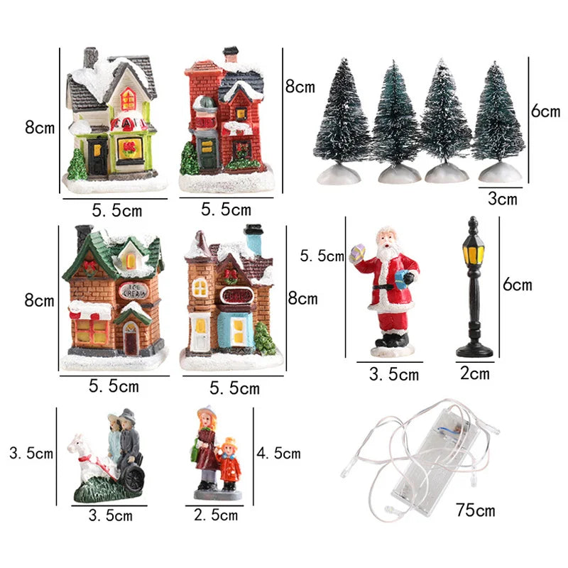 LED Resin Christmas Village Ornaments Set Figurines Decoration Santa Claus Pine