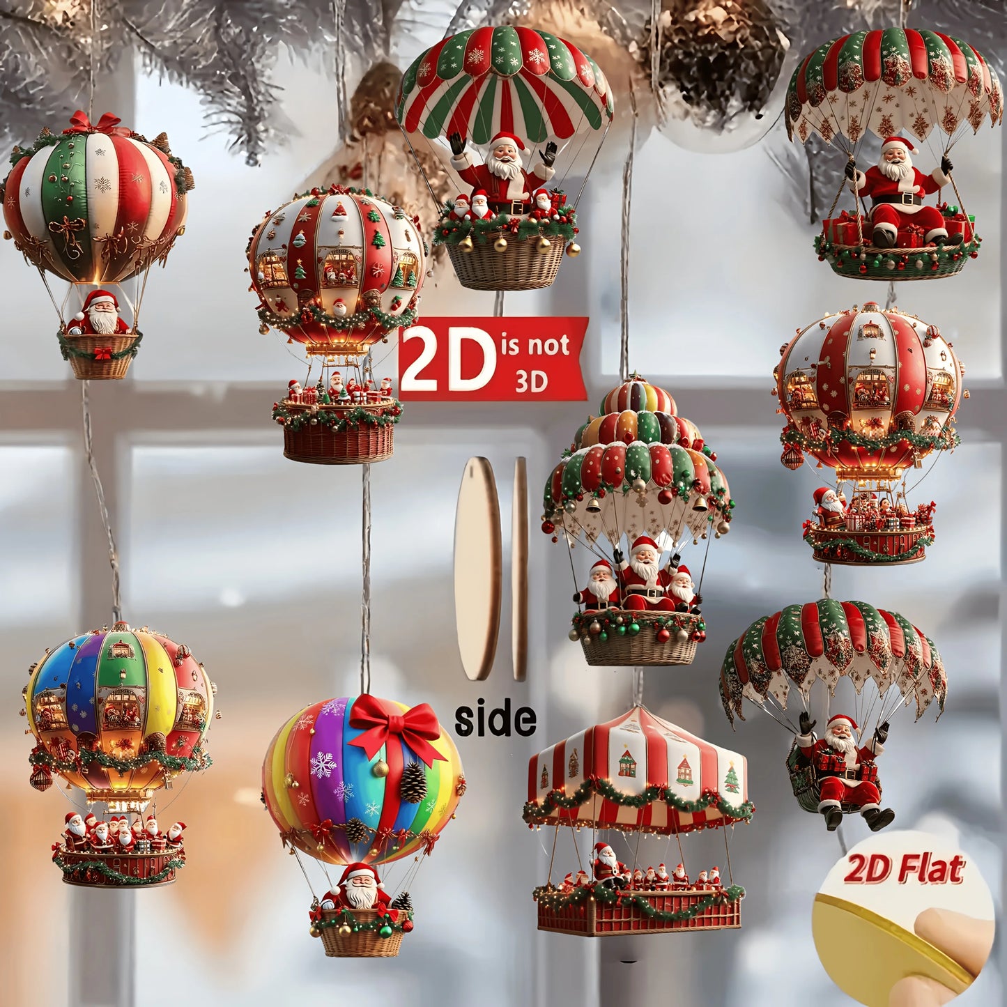 10Pcs Christmas Wooden Hot Air Balloon Santa Claus 2D Flat Wooden Pendant
