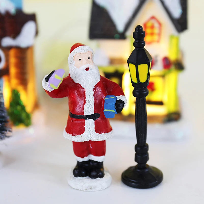 LED Resin Christmas Village Ornaments Set Figurines Decoration Santa Claus Pine