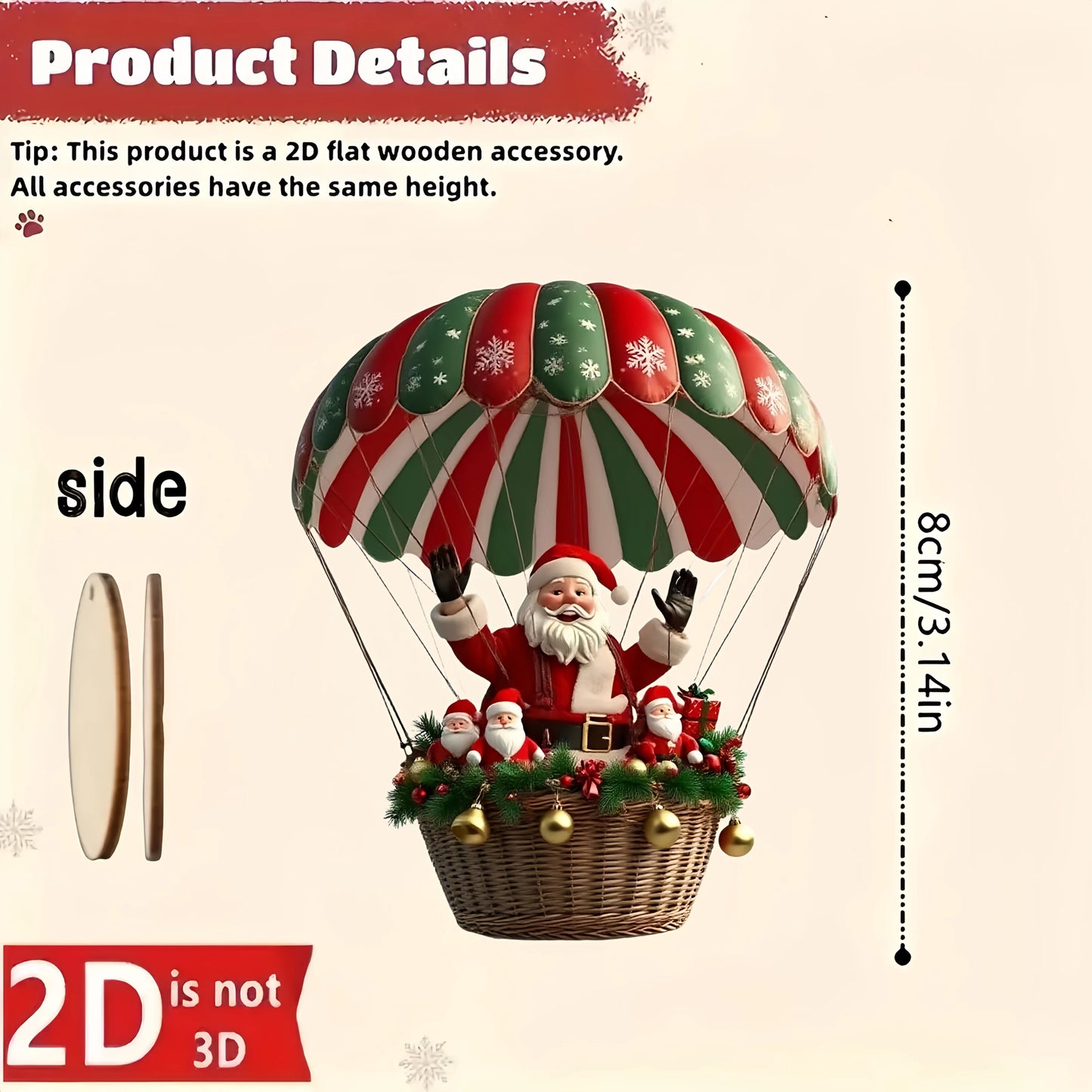 10Pcs Christmas Wooden Hot Air Balloon Santa Claus 2D Flat Wooden Pendant