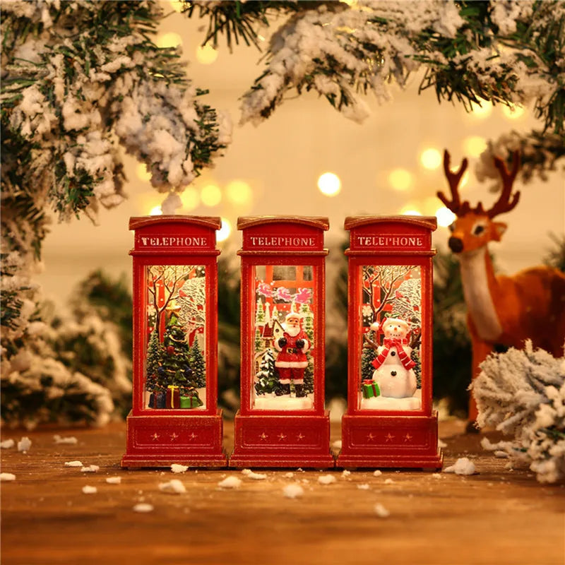1Pc Christmas Light-Up Maroon Phone Booth With Santa Decorative Christmas