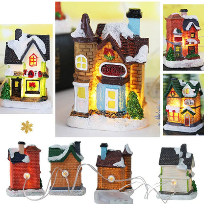 LED Resin Christmas Village Ornaments Set Figurines Decoration Santa Claus Pine