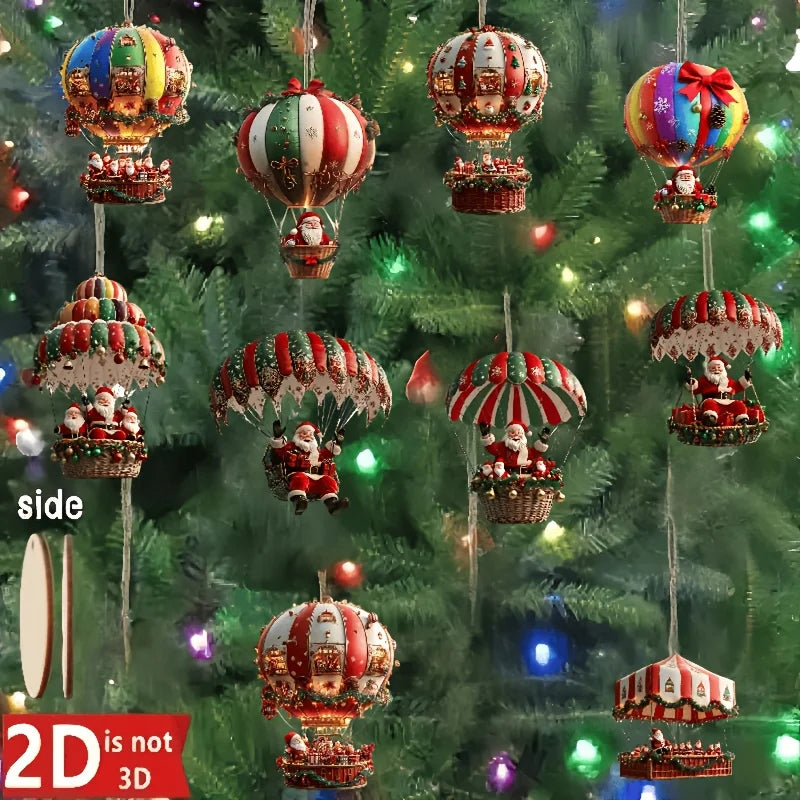 10Pcs Christmas Wooden Hot Air Balloon Santa Claus 2D Flat Wooden Pendant