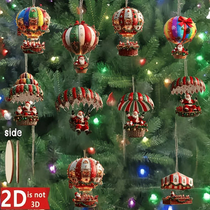 10Pcs Christmas Wooden Hot Air Balloon Santa Claus 2D Flat Wooden Pendant