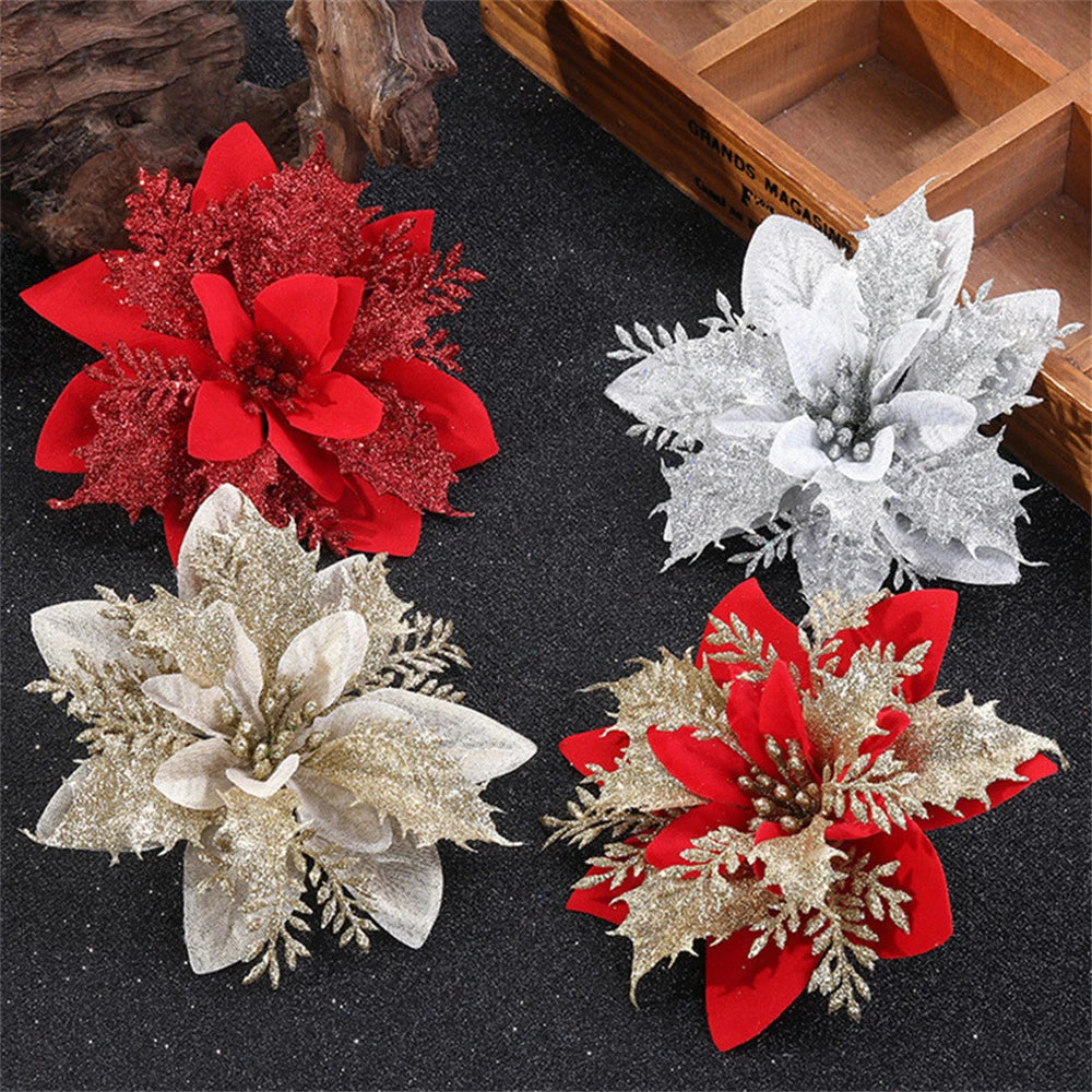 5/10pcs 14.5cm Christmas Flower Ornaments,Pink,Red,Gold,Glitter Artifical