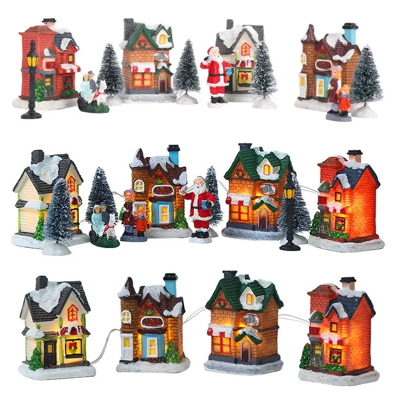 LED Resin Christmas Village Ornaments Set Figurines Decoration Santa Claus Pine