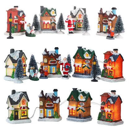 LED Resin Christmas Village Ornaments Set Figurines Decoration Santa Claus Pine